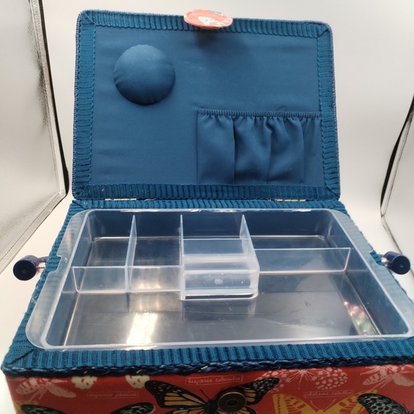 Large Butterfly Sewing Kit Storage Box - Red & Blue Fabric - Removable Organizer - Picture 7 of 15